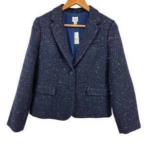 J Crew Navy Blue Sequin‎ Tweed Schoolboy Blazer Jacket Womens 10
